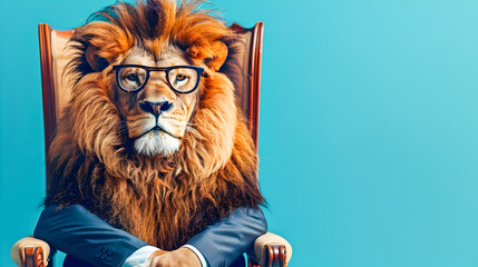 Majestic lion wearing a suit tie and stylish glasses sitting regally on a throne against a bright blue background exuding an air of confidence and authority
