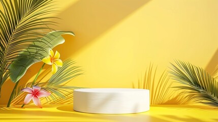 podium stand for product in summer concept with blue background, copy space