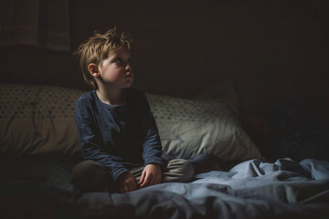 Obraz premium kid sitting on the bed in the dark room, upset
