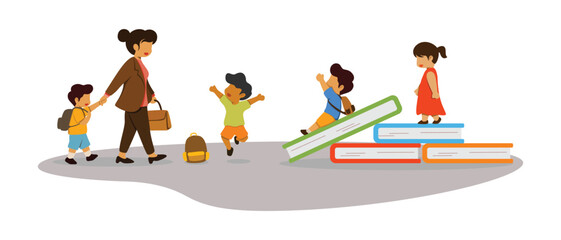 Illustration of a mother taking her child to school and meeting his friends
