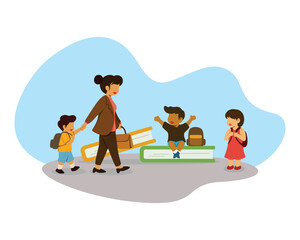 Illustration of a mother taking her child to school and meeting his friends
