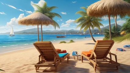 Summer Background Tranquil Beach Scene with Palm Trees and Sailboats Under a Clear Sky