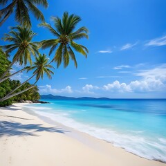 A tropical beach scene with three palm trees leaning towards the turquoise water, white sand, and a bright blue sky.