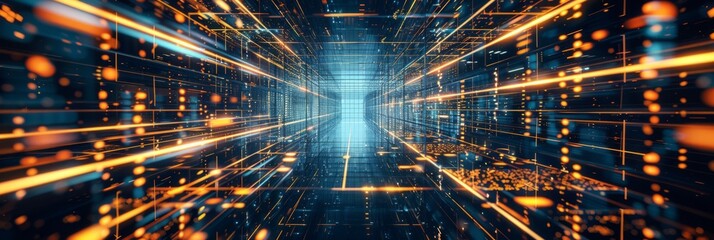 Obraz premium Abstract futuristic technology abstract background with lines for network, big data, data center, server, internet, speed. Dark blue and gold neon lights into digital technology tunnel.