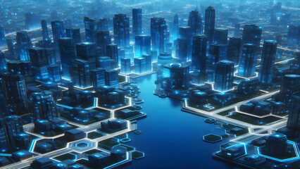 Blue hexagons abstract background with blue lights