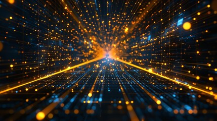 Obraz premium Abstract futuristic technology abstract background with lines for network, big data, data center, server, internet, speed. Dark blue and gold neon lights into digital technology tunnel.