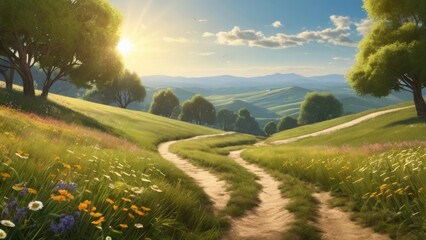 Serene Summer Landscape with Rolling Hills and a Setting Sun