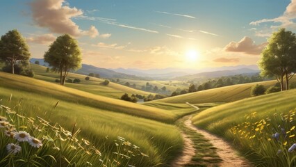 Serene Summer Landscape with Rolling Hills and a Setting Sun