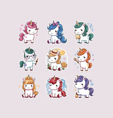 Fototapeta premium Cute unicorns printable stickers clipart vector illustration set