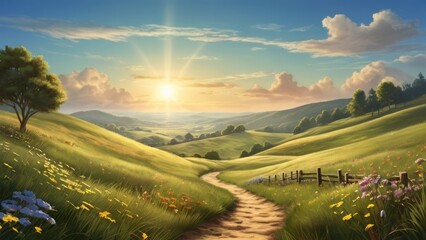 Serene Summer Landscape with Rolling Hills and a Setting Sun