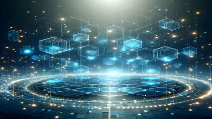 Blue hexagons abstract background with blue lights