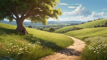 Serene Summer Landscape with Rolling Hills and a Setting Sun