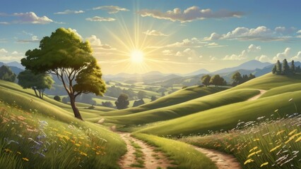 Serene Summer Landscape with Rolling Hills and a Setting Sun