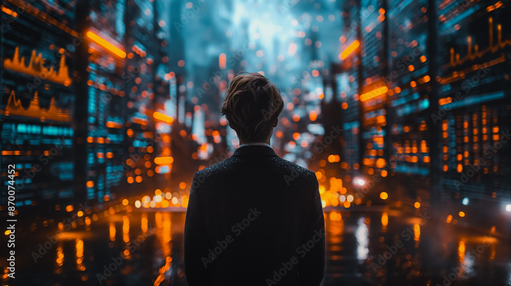 Poster businessman to view real-time data on a screen while standing in front of a digital wall with graphs