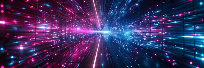Naklejka premium Abstract futuristic technology abstract background with lines for network, big data, data center, server, internet, speed. dark blue and pink neon lights into digital technology tunnel 