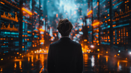 Businessman to view real-time data on a screen while standing in front of a digital wall with graphs and charts in a office