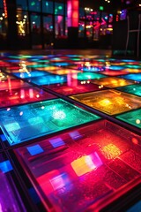 A dazzling array of colorful LED dance floor tiles, creating a lively atmosphere in a vibrant...