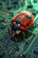 A digital artwork of a ladybug exploring a vivid green circuit board, symbolizing nature meets technology