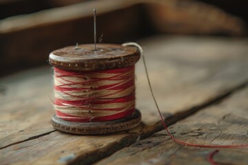 A spool of thread with a needle on it. The spool is on a wooden surface