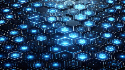 Naklejka premium Blue hexagons abstract background with blue lights