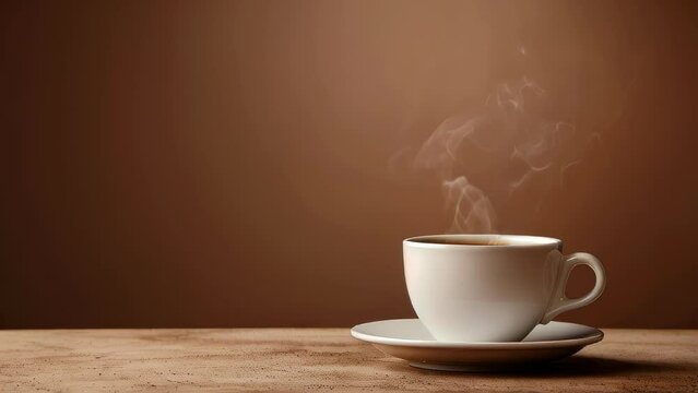 Steaming white coffee cup on wooden table