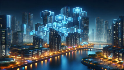 Blue hexagons abstract background with blue lights