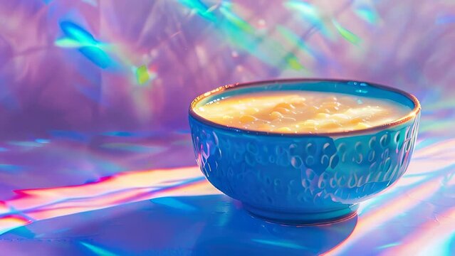 Vibrant artistic shot of bowl with tapioca pudding, bathed in colorful light