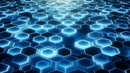 Blue hexagons abstract background with blue lights