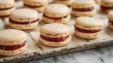 Obraz premium A tray of delicate buckwheat macarons sandwiched together with a fruity jam filling.