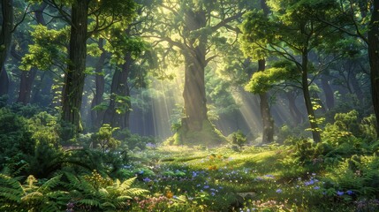 Obraz premium A serene forest with tall, ancient trees, sunlight filtering through the canopy, and a carpet of ferns and wildflowers, illustration background