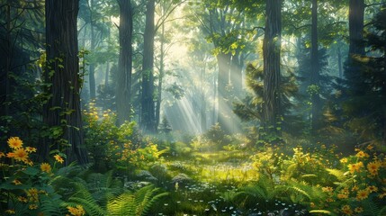 A serene forest with tall, ancient trees, sunlight filtering through the canopy, and a carpet of ferns and wildflowers, illustration background