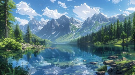 Fototapeta premium A crystal-clear alpine lake surrounded by pine trees and rugged mountains, with a reflection of the sky on the water, illustration background