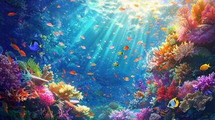 Fototapeta premium A vibrant coral reef teeming with colorful fish and marine life, under a bright, sunlit ocean, illustration background
