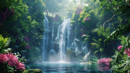 Fototapeta premium A misty waterfall cascading into a lush jungle, with exotic plants and flowers, illustration background