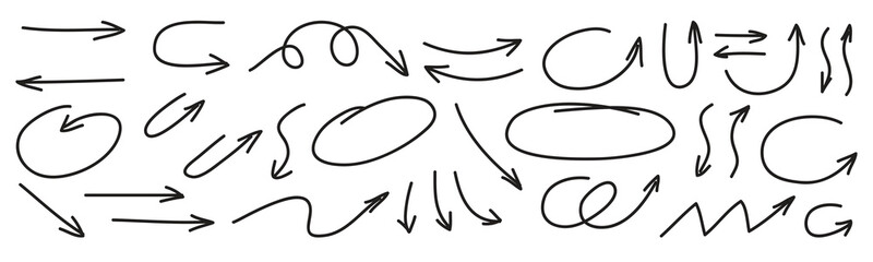 Set of pen line doodle element vector. Hand drawn doodle style collection of arrows, circle