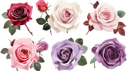 Naklejka premium Collection set of red, pink, cream, lavender, and violet rose flowers viewed from the top, isolated on a transparent background, in PNG file format. Perfect for mockup templates in artwork and graphic