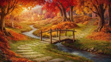 Autumn landscape with a wooden bridge over a stream, surrounded by trees with vibrant fall foliage. Pathways lead through the scene. The illustration of picturesque autumn day