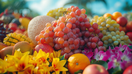 cinematic Food photography of A large group of grapes is placed on one side of the photo, while watermelons, peaches, apples, oranges, pears, lilies, plums, colorful fruits, The background is bright b