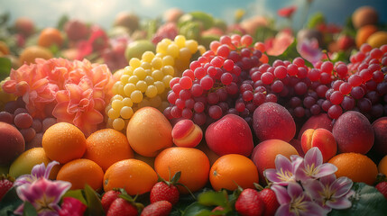 cinematic Food photography of A large group of grapes is placed on one side of the photo, while watermelons, peaches, apples, oranges, pears, lilies, plums, colorful fruits, The background is bright b