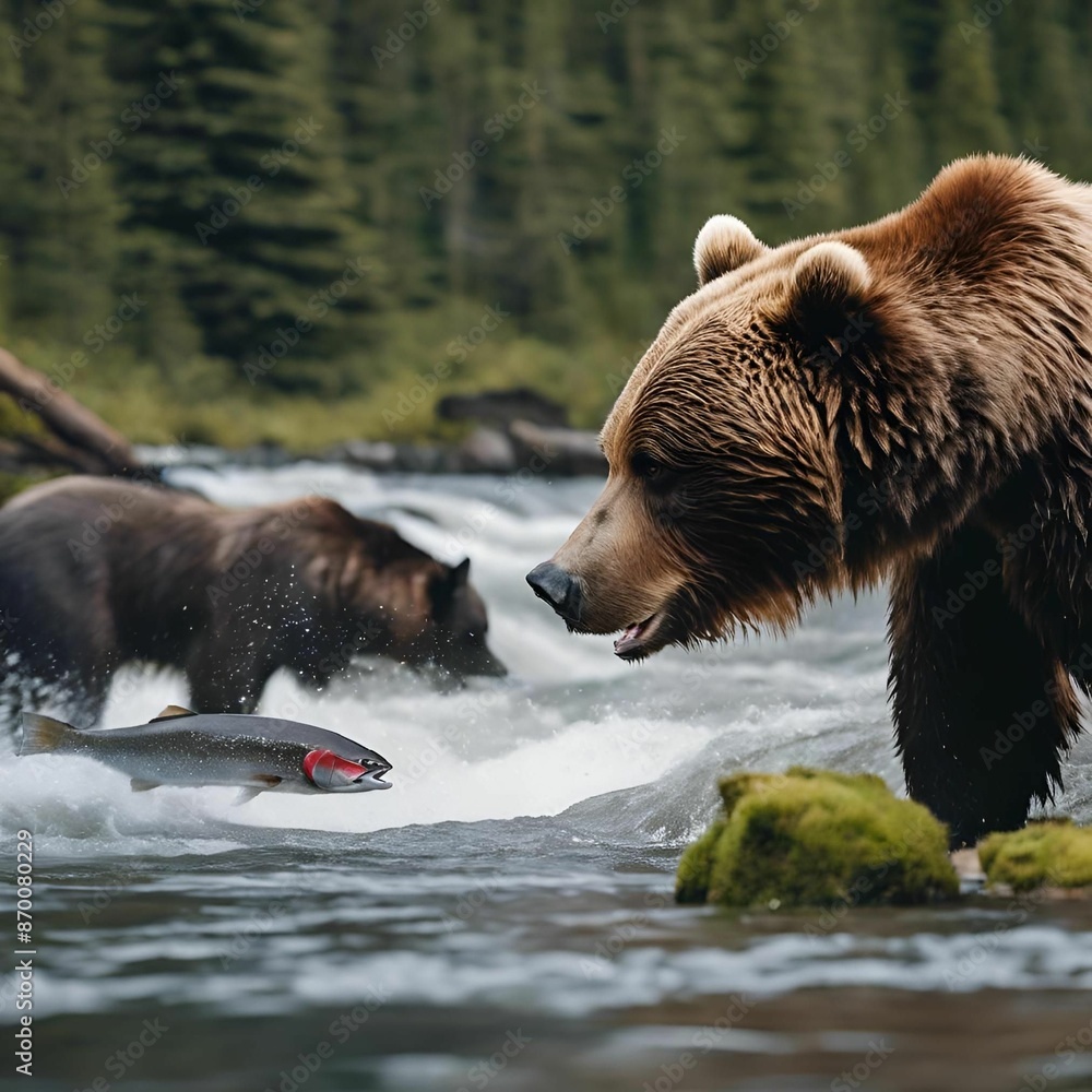 Wall mural AI-generated illustration of brown bears fishing for salmon in a river with a forest background.