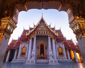 Stunning view of Wat Benchamabophit, the Marble Temple in Bangkok, Thailand