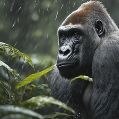 Obraz premium AI illustration of a gorilla in a rainforest, with raindrops falling and lush green foliage
