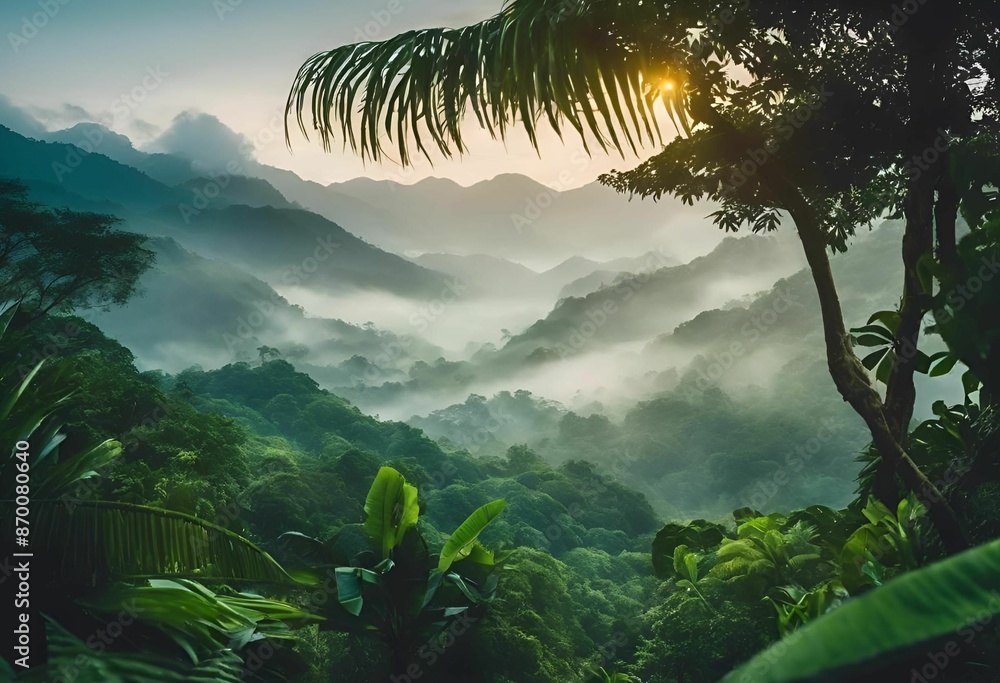 Canvas Prints A breathtaking view of a misty tropical rainforest with lush greenery and mountains