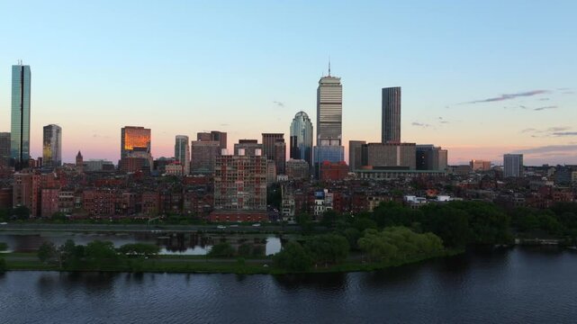 Aerial drone shot during the sunset of Back Bay in Boston, Massachusetts.