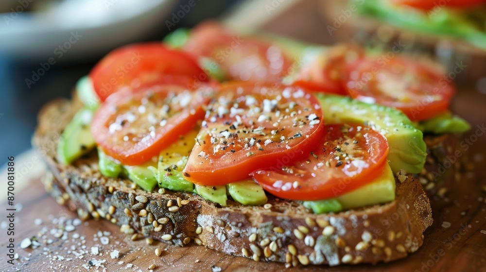 Poster a slice of crusty buckwheat bread slathered with avocado and topped with sliced tomatoes and a sprin