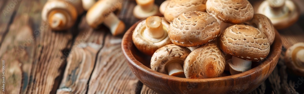 Wall mural mushrooms in wooden bowl on rustic table