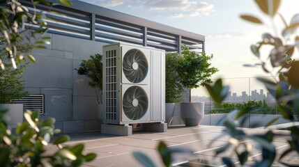 Air conditioning unit on building rooftop surrounded by lush green plants, urban nature concept for sustainable living and cooling solutions