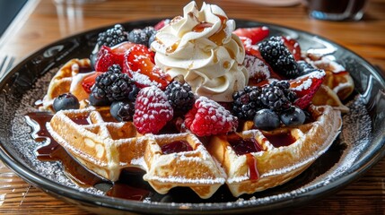 Golden waffles drizzled with maple syrup surrounded by fresh berries and whipped cream.