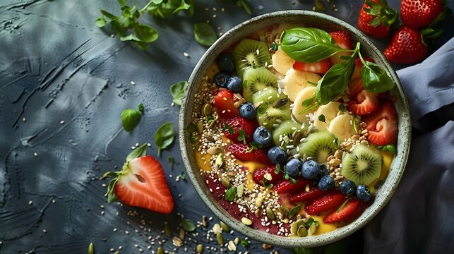 Strawberries giwi banana oat and cream in a bowl with assorted freshing