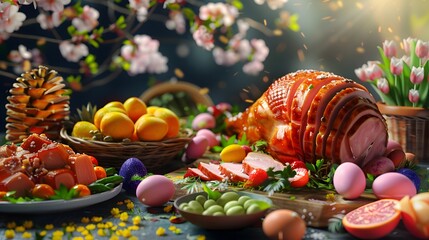 3D render of Traditional Easter feast with a glazed ham, decorated eggs, and spring vegetables, Photo stock style, clean background, no copyrighted logo, no letters